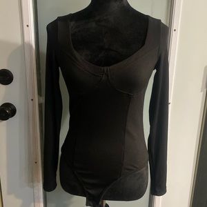Black Low Cut Body Suit With Long Sleeves